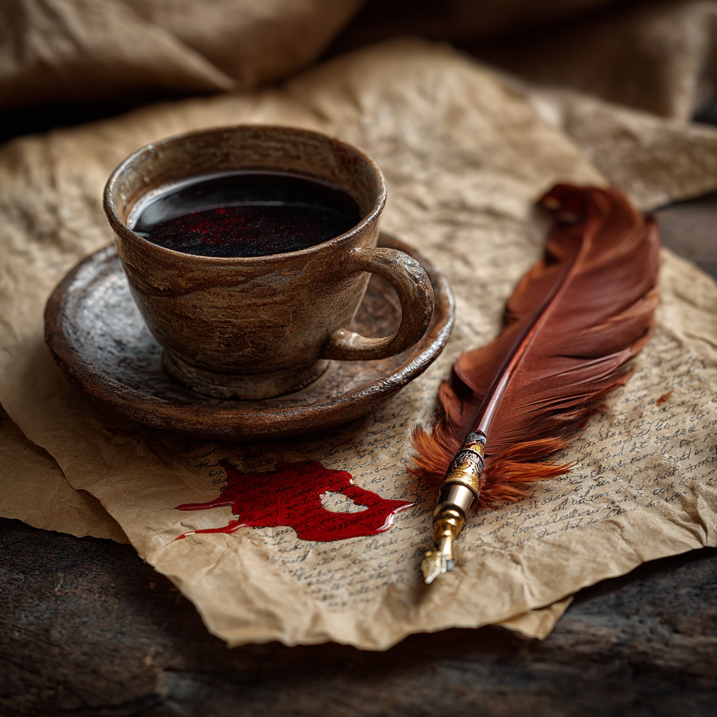 Dark Fiction Café poster with coffee, parchment, quill, and blood.